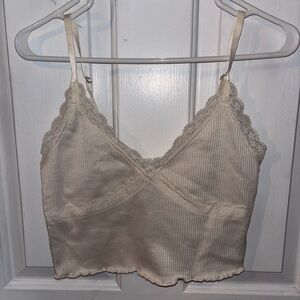 H&M Ribbed Cream Lace Trim Cropped Cami NWOT